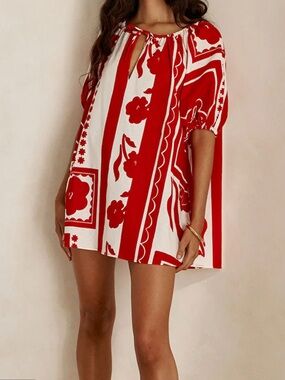 Sabo Red & White Off-Shoulder Puff Sleeve baby doll dress, US 6 (runs large)